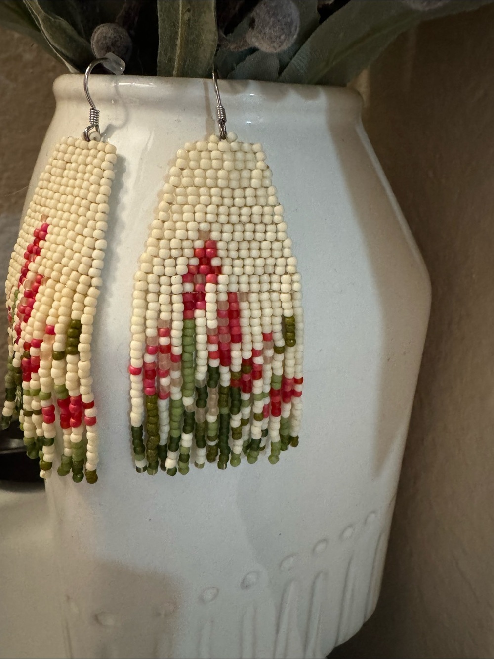 Handmade Handwoven Beaded Fringe Flower Earrings - Picture 2 of 3
